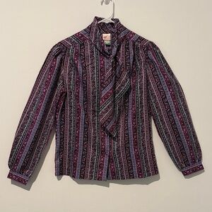 VINTAGE GW originals 80s purple with blue pattern women blouse silk feel size 10